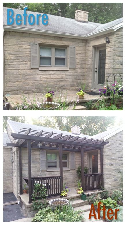 Before and After Porch - custom DIY pergola.  Check out the blog - oursecondchancehouse.com Front Porch Pergola, Carport Modern, Casa Country, Pergola Design, Front Patio, Exterior Makeover, House With Porch, Pergola Kits, Pergola Plans