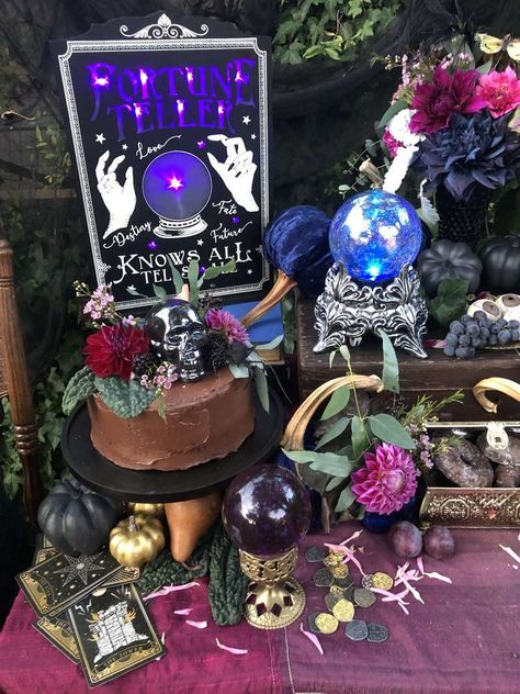 Fortune Teller/Mystical Halloween Party Ideas | Photo 1 of 15 | Catch My Party Fortune Teller Party, Psychic Party, Tarot Party, Fortune Teller Halloween, Halloween Fortune Teller, Witchy Party, Buffet Halloween, Mystical Halloween, Hallowen Ideas