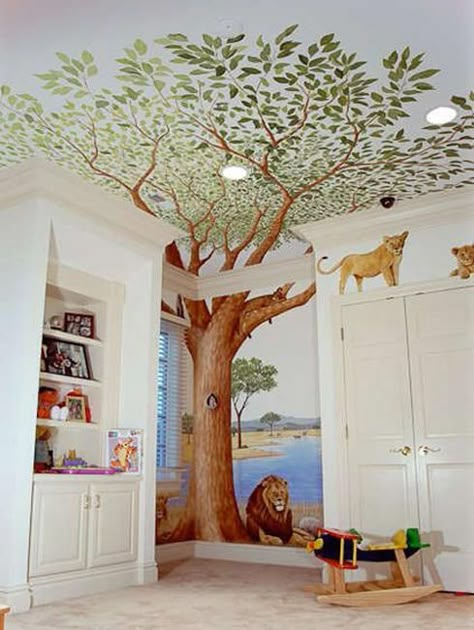 Romantic Kids Room Design, Trees for Decorating Empty Walls Safari Playroom, Playroom Mural, Tree Mural, Murals For Kids, Bedroom Murals, Playground Design, Mural Ideas, Safari Nursery, Playroom Ideas