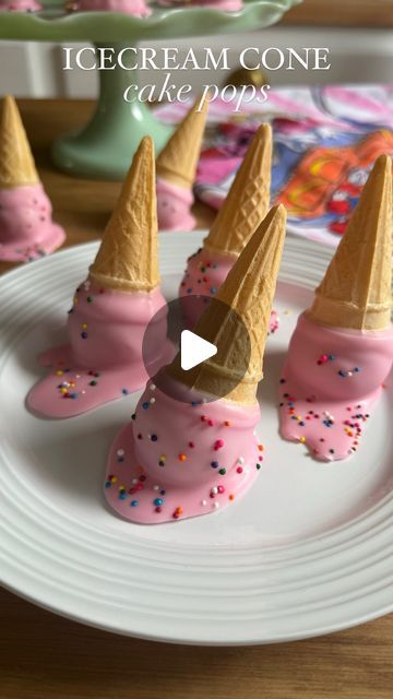 Sheri Wilson on Instagram: "Melting Ice-cream Cake Pops ☀️ the perfect easy treat to make for a summer party or icecream social! This is also a really one fun to make with kids!   Ingredients: -1 box vanilla cake, baked  -1/2 cup vanilla frosting -pink chocolate melts -rainbow sprinkles  -mini icecream cones  1. Combine the cake, frosting and sprinkles in a large bowl and mix until a dough has formed. (Add sprinkles at the end if using a hand mixer) 2. Scoop out small amounts and roll into balls. Allow them to set in the fridge until firm- about 1 hour. 3. Dip into melted chocolate, then place onto parchment paper- allowing the chocolate to drip at the bottom to look like melted icecream. Add sprinkles before the chocolate has set completely.  #cakepops #icecream #icecreamcone #cakepop #ea Melted Ice Cream Cake Pop, Melting Ice Cream Cake Pops, Ice Cream Cone Cake Pops Tutorial, Sweet One Desserts, Mini Ice Cream Cone Cake Pops, Cake Pop Cones, Birthday Cakepops Ideas, Ice Cream Cake Pops Tutorial, Ice Pops Cake