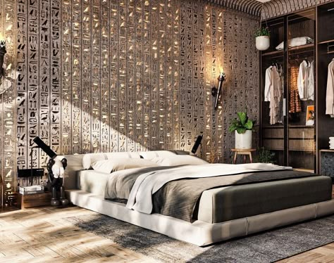 Pharaoh Design, Ancient Egyptian Design, Egyptian Interior, Egyptian Bedroom, Floor Bed Decor Ideas, Bed Decorating Ideas, Egyptian Furniture, Black Bedroom Ideas, Egypt Gods