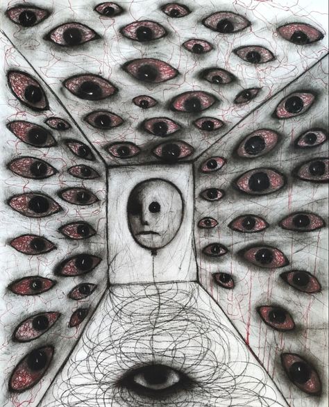 Scary Abstract Art, Horror Art Sketch, Dark Paintings Creepy Easy, Creepy Drawing Ideas Dark Art, Schizophrène Art, Suffering Artwork, Scary Drawing Ideas, Trippy Tattoo, Chest Tattoo Ideas