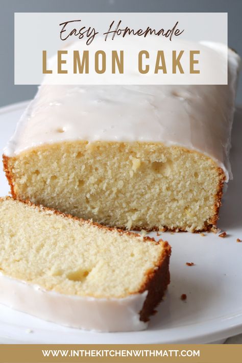 Loaf of lemon cake on a white plate. Lemon Cake Recipe From Scratch, Cake 9x13, Lemon Cake From Scratch, Easy Lemon Cake Recipe, Homemade Lemon Cake, Chocolate Coconut Cake, Love Bakes Good Cakes, Good Cakes, Homemade Recipes Dessert