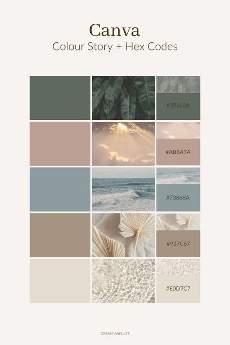 eqrfe Canva color palette with earthy tones and hex codes: #39463A, #AB8A7A, #73868A, #927C67, #E0D7C7. | Sky Rye Design Colour Palette With Hex Codes, Website Color Palette, Hex Color Palette, House Color Palettes, Color Schemes Colour Palettes, Nature Color Palette, Brand Color Palette, Hex Codes, Color Story