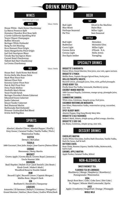 Drink Menu - Wine, Beer, Spirits & Specialty Drinks - Briquettes Steakhouse Restaurant Drink Menu Ideas, Wine Bar Food Menu Ideas, Wine Bar Menu Ideas, Drink Menu Restaurant, Drink Menu Design Bar, Alcohol Menu Design, List Of Alcoholic Drink Names, Popular Bar Drinks, Beer Menu Design