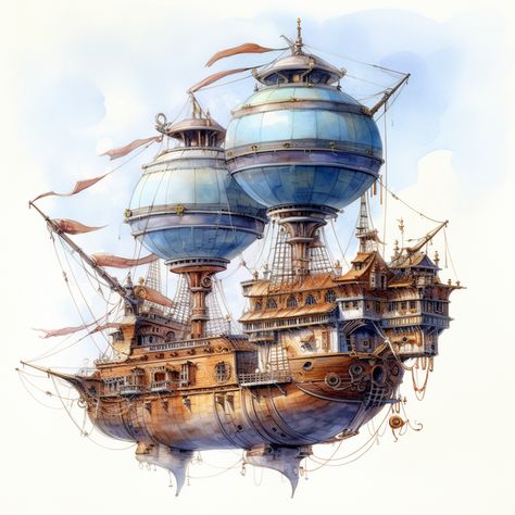 Factory Concept Art, Sky Pirate, Steampunk Ship, Airship Art, Drawing Objects, Hot Air Baloons, Steampunk Vehicle, Flying Ship, Steampunk Airship