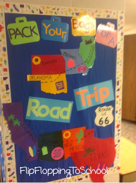 Flip Flopping to School: Classroom Tour- Picture Overload! Road Trip Decorations For Classroom, Road Trip School Theme, Road Trip Classroom Theme, Road Trip Poster, Trip Poster, Travel Classroom, Welcome To My Classroom, Road Trip Theme, Travel Theme Classroom