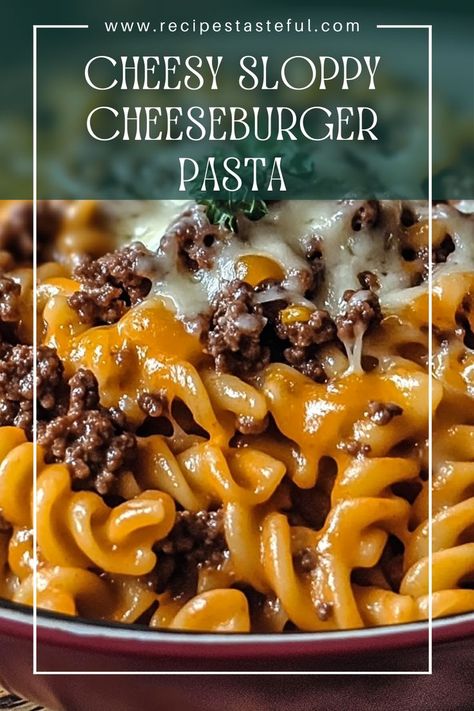 This Cheesy Sloppy Cheeseburger Pasta Delight is a comforting one-pot meal that combines the classic flavors of a cheeseburger with pasta, making it a family favorite for busy weeknights. Cheesy Sloppy Cheeseburger Pasta Delight, Sloppy Cheeseburger Pasta, Cheesy Sloppy Cheeseburger Pasta, Hamburg Casserole, Pasta With Hamburger, Cheeseburger Mac And Cheese, Cheesy Spaghetti, Cheeseburger Pasta, Pasta Making