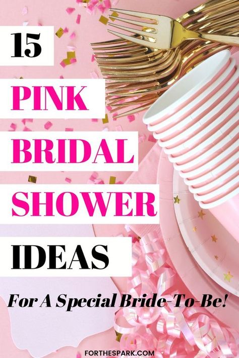 Are you hosting a pink themed bridal shower? If you're looking for pink bridal shower ideas this post has everything from pink bridal shower decor, invites, & more! Pink White Gold Bridal Shower Decor, Pink And Gold Wedding Shower Ideas, Pink Bridal Brunch Decor, Pretty In Pink Shower Ideas, Bridal Shower Pretty In Pink, Pink Garden Bridal Shower Ideas, Blushing Bridal Shower Ideas, Bridal Shower Ideas Pink And Gold, Pink And Gold Bridal Shower Decorations