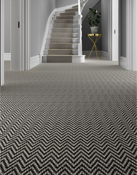 Bold Carpet On Stairs, Herringbone Carpet Stairs And Landing, Herringbone Stair Carpet, Cream Hallway Ideas, Hall Carpet Ideas, Black And Beige Hallway, Carpets For Stairs And Landing, Carpet In Hallway, Stairs And Landing Carpet