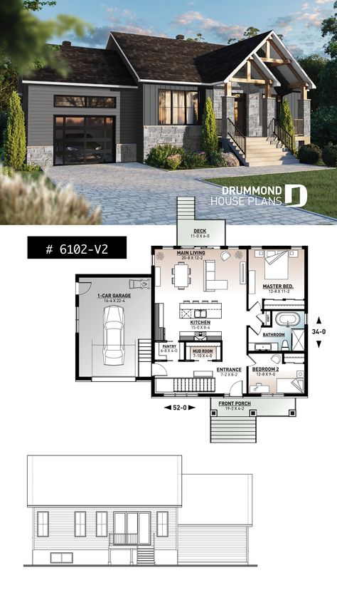 2 bedroom ranch style house plan with garage, pantry, kitchen island and open floor plan concept 2 Bedroom 1 Floor House Plans, House Plans With Bedrooms In Basement, 2 Bed 2 Bath 2 Car Garage House Plans, 2 Bedroom Ranch House Plans Open Floor, Norwegian House Plans, Small House Design With Garage, Guest House Plans 2 Bedroom, Small Scandinavian House Plans, 1 Level House Plans Open Floor