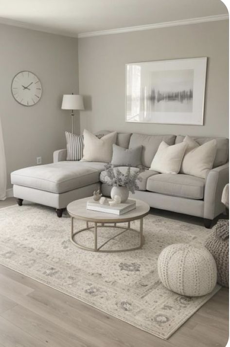 Neutrals And Grey Living Room, Grey And Beige Sofa Living Room, Comfy Aesthetic Living Room, Grey Couch With Coffee Table, Minimal Grey Living Room, Modern Chic Living Room Apartments, White Grey Home Decor, Small Living Room Ideas Apartment Grey Couch, Beige Couch Living Room Pop Of Color