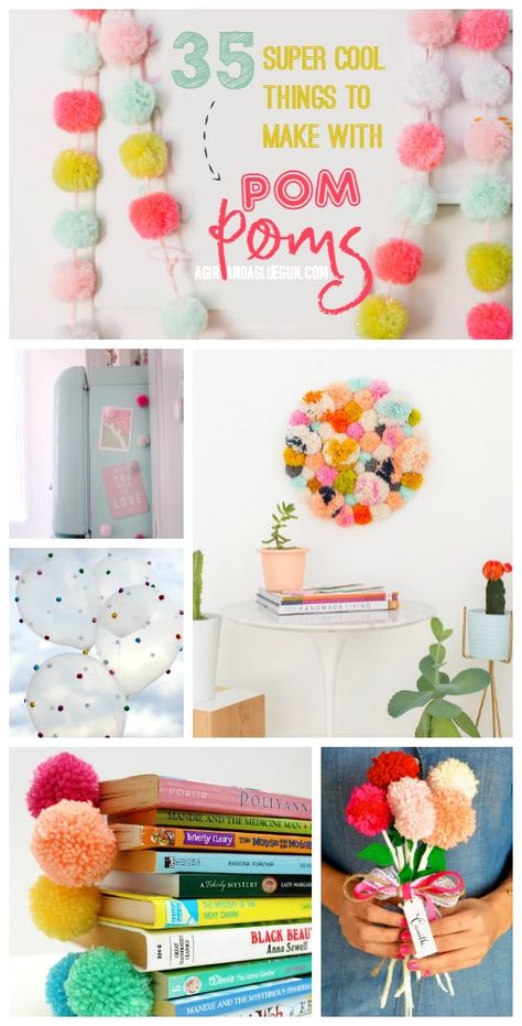 35 super fun things to make with pom poms! loads of awesome ideas! Pom Pom Projects, Pom Pom Ideas, Pom Pom Mobile, Pom Pom Headband, Pom Pom Rug, Pom Pom Pillows, Pom Pom Wreath, Pom Crafts, Fun Things To Make