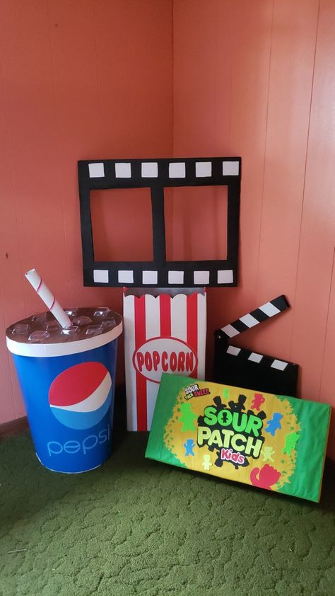 Cardboard Movie Theater, Movie Theater Vbs Theme, Movie Vbs Decorations, Movie Theme Vbs Decorations, Movie Themed Vbs, Movie Themed Crafts, Shine Vbs Decorations, Hoco Themes, Movie Clapper Board