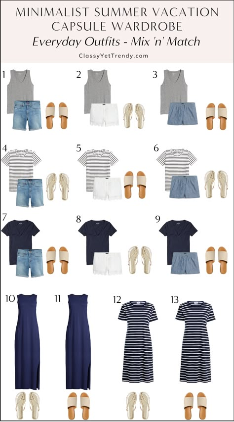 Minimalist Summer Beach Vacation Capsule Wardrobe 2021 - Everyday Outfits Mix 'n' Match Summer Holiday Capsule Wardrobe, Summer Vacation Capsule, Casual Beach Vacation Outfits, Beach Capsule Wardrobe, Summer Travel Capsule Wardrobe, Beach Capsule, Travel Capsule Wardrobe Summer, Vacation Capsule Wardrobe, Vacation Capsule