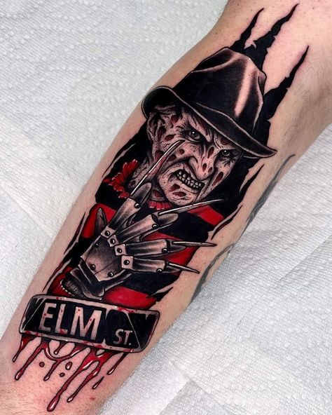 Horror Tattoo Designs, Freddy Krueger Tattoo, Stephen King Tattoos, Halloween Tattoos Sleeve, Emo Tattoos, Horror Movie Tattoos, Chicano Tattoos Sleeve, Pink Tattoo, Movie Tattoo