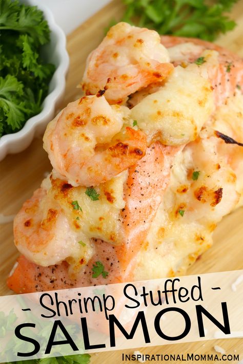 Easy Salmon And Shrimp Recipes, Salmon And Shrimp Recipes Healthy, Shrimp Topped Salmon, Stuff Salmon With Shrimp, Stuffing For Salmon Recipe, Stuffed Salmon With Shrimp, Keto Stuffed Salmon, Salmon And Shrimp Stuffed Shells, Shrimp Stuffing For Fish