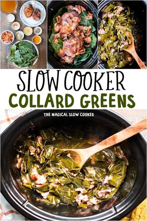 Prepare these easy Slow Cooker Collard Greens recipe for a delicious side. These collards have a smoky ham flavor and a great broth! #crockpot #collardgreens - The Magical Slow Cooker Slow Cooker Greens Collard, Greens Crockpot Recipe, Slow Cooker Collard Greens Ham Hock, Crockpot Collard Greens Southern Style, Crock Pot Collard Greens Southern Style, Slow Cooker Turnip Greens, Crockpot Collard Greens Slow Cooker, Crockpot Greens Collard Southern Style, Collard Greens In Crockpot