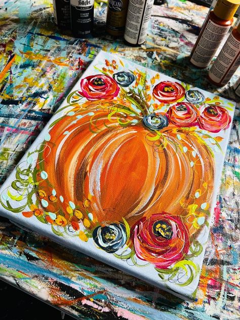 Cavas Art, Fall Window Painting, Fall Folk Art, Pumpkin Art Project, Paintings To Recreate, Fall Painting Ideas, Paint Step By Step, Dt Crafts, Paint Frame