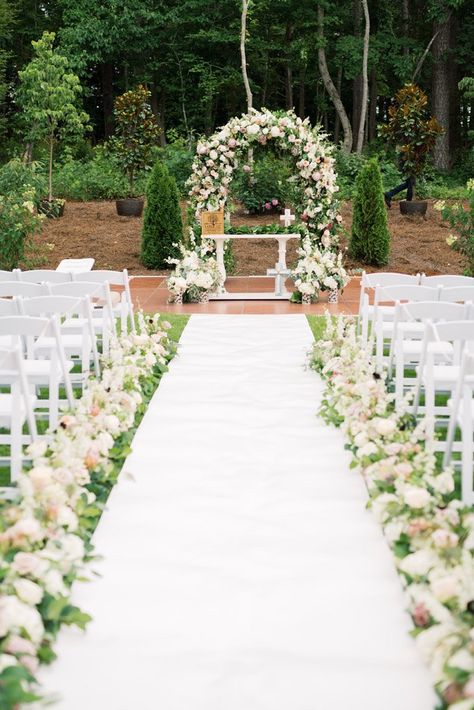 Spring wedding ceremony decor. Flowers lining the aisle leading to flower arch. Spring wedding inspiration. Venue at The Barn of Chapel Hill. Photography by Rebecca Ames. NC wedding inspo. Flowers Lining Aisle Wedding, Chapel Flowers Wedding Aisle Decorations, Flowers Along The Aisle, Chapel Wedding Florals, Open Air Wedding Chapel, Flower Lined Aisle Wedding, Isle Flowers Wedding, Flowers Lining The Aisle, Garden Wedding Aisle