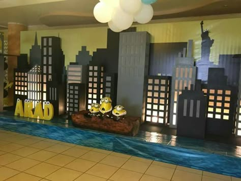 New York City Prom Theme, Superhero Stage Design, Cardboard City Buildings, Ready Set Move Vbs Decorations, Ready Set Move Vbs, Super Hero Vbs, Cityscape Backdrop, Graduation Stage, Godzilla Birthday Party