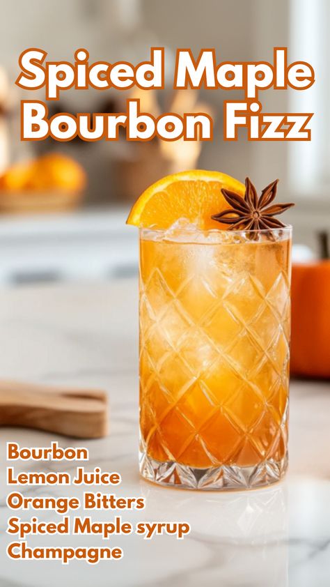 The+Spiced+Maple+Bourbon+Fizz+is+a+warm,+bubbly+cocktail+perfect+for+autumn+and+winter+celebrations.+This+drink+combines+smooth+bourbon,+zesty+lemon,+and+spiced+maple+syrup,+topped+with+champagne+for+a+festive+twist.+Garnished+with+an+orange+slice+and+star+anise,+it’s+a+cozy+yet+refreshing+treat.  #spicedmaplebourbonfizz+#thanksgivingcocktails+via+@mybartender Spiced Maple Bourbon Fizz, Spiced Bourbon Cocktail, Thanksgiving Bourbon Cocktails, Maple Drinks, Cocktails With Bourbon, Bourbon Fizz, Autumn Cocktail, Festive Cocktail Recipes, Cocktail Cards