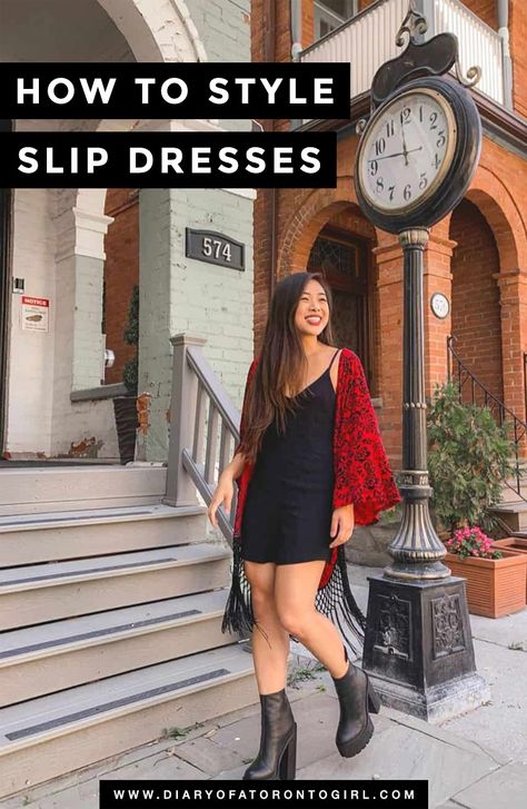 Cami Slip Dress Outfit, Slip Dress Shoes Outfit, How To Style Cami Dress, How To Layer A Dress Summer, Black Slip Dress Outfit Summer, Styling A Spaghetti Strap Dress, How To Style A Slip Dress Outfit Ideas, Shoes With Slip Dress, Slip Dress With Doc Martens