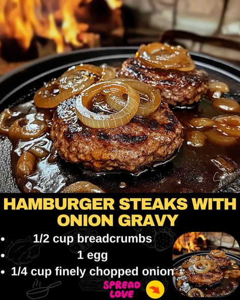 Hamburger Steaks with Onion Gravy Hamburger Steaks With Onion Gravy, Onion Gravy Recipe, Bacon Cheeseburger Meatloaf, Beef Tips And Noodles, Hamburger Steak Recipes, Baked Meatloaf, Cheeseburger Meatloaf, Hamburger Steaks, Chopped Steak