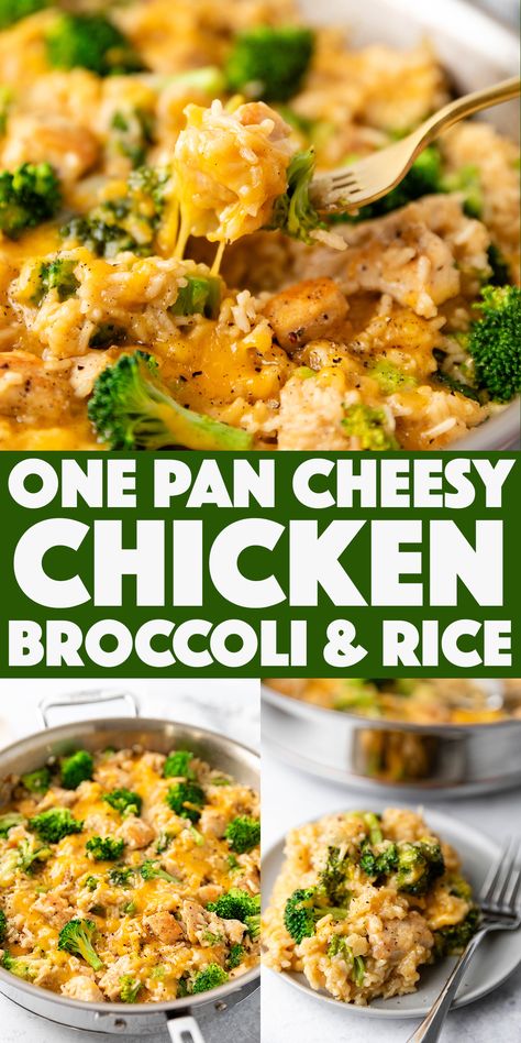 One Pan Cheesy Chicken Broccoli and Rice - one pot comfort food that is perfect for any night of the week. Boneless, skinless chicken breasts cooked in one skillet with flavorful rice and fresh broccoli, topped with extra sharp cheddar cheese. Easy Chicken Recipes One Pan, Chicken One Pan Meal Easy Dinners, Chicken And Broccoli And Rice Recipes, Cheap Low Ingredient Meals, Cheap Chicken Dinners For A Family, Easy Healthy Dinner For 2, Single Person Dinner Ideas, Cheap Dinner For One, Dinners To Make With Chicken