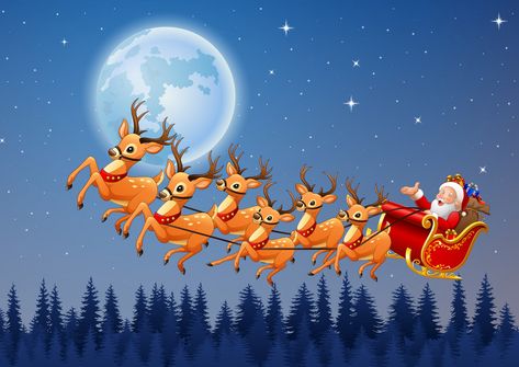 Santa's Reindeer pulling a sled Winter Mural, Santa Flying, Santa Claus Pictures, Reindeer Sleigh, Reindeer Names, Merry Christmas Baby, Santa's Reindeer, Santa And His Reindeer, Christmas Drawings