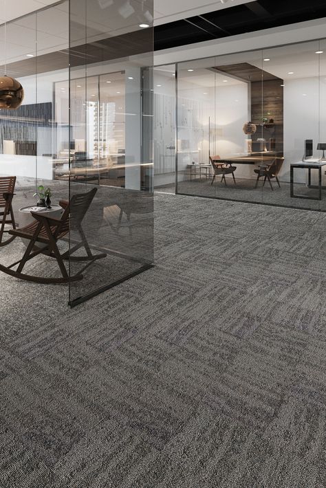 Neutral based colours of concrete, charcoal and pebble stone this carpet pattern has a larger scale cosy, sweater-like textural aesthetic. Creating an at work, home vibe with the help of the warm timber and leather furniture. The larger glass panels make for a more open space.
#office #officespace #workplace  #commercialspace #commercialflooring #flooringdesign #carpettiles #commercialcarpet
#commercialtiles #ghcommercial #mohawkgroup #australianmade Open Space Office, Commercial Carpet Tiles, Carpet Pattern, Carpet Texture, Office Carpet, Office Floor, Commercial Carpet, Work Home, Pebble Stone