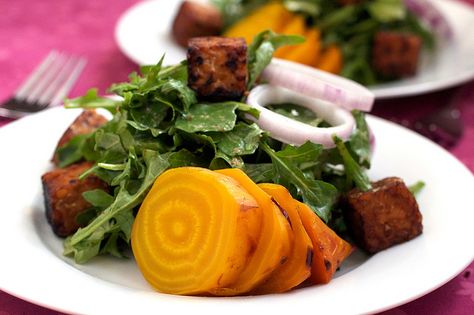 Roasted Yellow Beet Salad With Warm Maple Mustard Dressing | Post Punk Kitchen | Vegan Baking & Vegan Cooking Tempeh Croutons, Roasted Yellow Beets, Golden Beets Salad, Roasted Golden Beets, Punk Kitchen, Yellow Beets, Marinated Tempeh, Beets Recipe, Baking Vegan