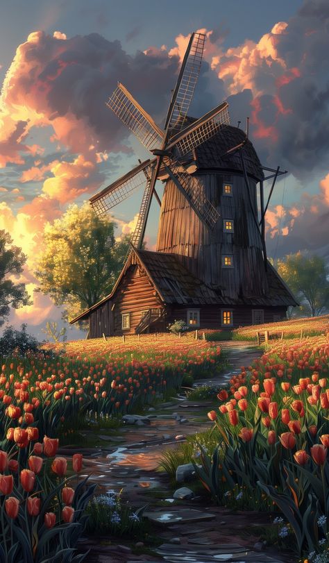 Windmill Painting, Japanese Clouds, Scenery Forest, Fire Work, Windmill Water, Detailed Background, Fantasy Village, Inspirational Digital Art, Medieval House