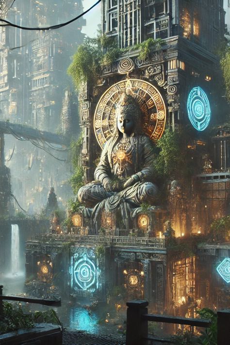 Step into a world where ancient cultural influences meet advanced technology. This cyberpunk ancient temple, set in a dystopian urban jungle, is a stunning blend of the old and new. Explore this captivating scene and download the image @ https://slaacr.com. Perfect for fans of futuristic and mystical art. Dystopian Earth Aesthetic, Urban Fantasy Aesthetic, Utopia Art, Futuristic Civilization, Jungle Images, Ancient Future, Jungle Temple, Solar Punk, Future Earth