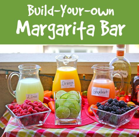 Build your own margarita bar:   INGREDIENTS TO SET OUT: tequila / raspberries, blackberries, and strawberries / Fresh squeezed juices like grapefruit, lime, mango, and orange / hot sauce / sliced limes / simple syrup (simmer equal parts water and sugar 2 minutes then cool) / kosher salt / ice Diy Cocktail Bar, Margarita Party, Margarita Bar, Diy Cocktails, Fresh Squeezed Juice, Drink Bar, Taco Party, Diy Drinks, Taco Bar