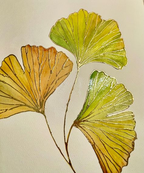 An arrangement of 3 Ginko leaves, painted in watercolour and enhanced with Outlining Size and Gold Foil Ginko Leaves Aesthetic, Ginkgo Leaf Painting, Ginko Leaf Paintings, Ginko Drawings, Watercolor Ginko Leaves, Ginkgo Leaf Watercolor, Gingko Leaves Art, Ginko Leaves Painting, Ginkgo Leaf Art