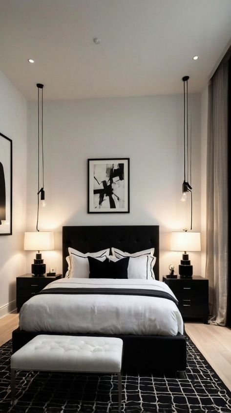 Black White Bedroom Design, Black And White Rooms Ideas, Black And White Bedroom Ideas Apartment, Bedroom Aesthetic Black Furniture, Black And White Scandinavian Interior, Modern Black White Bedroom, Bedroom Decor Black Bed Frame, Black And White Bedding Aesthetic, Modern Bedroom Black Furniture