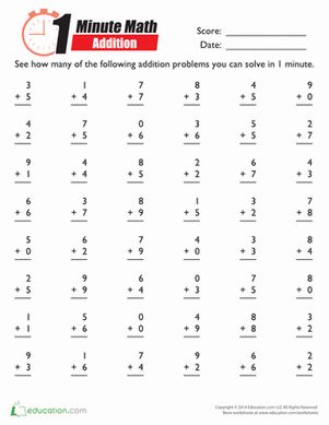 Start the timer and see how many addition problems your kid can solve in one minute. Known as minute math, this exercise is great arithmetic practice. Mad Minute Math Addition, Mad Minute Math, Math Minutes, Math Subtraction Worksheets, Math Multiplication Worksheets, Third Grade Math Worksheets, Math Fact Worksheets, Math Addition Worksheets, Math Drills