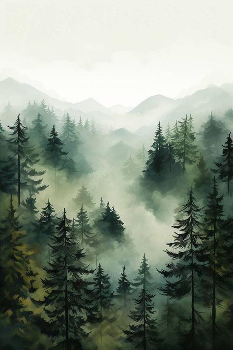 Spruce Tree Painting, Dark Forest Watercolor, Foggy Watercolor, Evergreen Tree Painting, Foggy Forest Painting, Misty Forest Painting, Evergreen Art, Watercolour Forest, Landscape Pencil Drawings