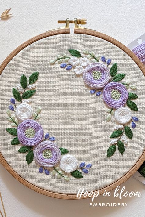 Lilac and white floral wreath embroidery PDF pattern. #floralwreath #wreathembroidery #modernembroidery #lilacembroidery Embroidery Lilac Flowers, Lilac Embroidery Designs, Lavender Flower Embroidery, Embroidery Lilac, Purple Flower Embroidery, Girl Embroidery Designs, Floral Wreath Embroidery, Cake Embroidery, Lilac Embroidery