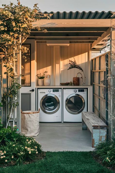 20 Outdoor Laundry Rooms – The Crafty Hacks Patio Laundry Area, Laundry On Deck, Outdoor Washing Machine, Clothes Washing Area Ideas, Small Outdoor Laundry Area, Washer And Dryer Outside Ideas, Exterior Laundry Room Ideas, Outdoor Laundry Room Ideas, Diy Outdoor Laundry Area