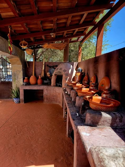 Hacienda Style Homes Mexican, Mexican Patio Hacienda Style, Mexican Outdoor Kitchen, Hacienda Kitchen, Island With Sink, Spanish Courtyard, Rustic Outdoor Kitchens, Hacienda Homes, Kitchen Island With Sink