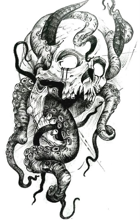 Genesis Book, Kraken Tattoo, Skull Art Tattoo, Octopus Tattoo Design, Skull Sleeve Tattoos, Wicked Tattoos, Skull Art Drawing, Theme Tattoo, Creepy Tattoos