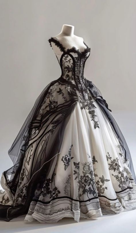 Gothic Wedding Dress Victorian, Black And White Prom Dresses, Goth Wedding Dresses, Era Victoria, Black Wedding Gowns, Old Fashion Dresses, Fantasy Dresses, White Prom Dress, Prom Dress Inspiration