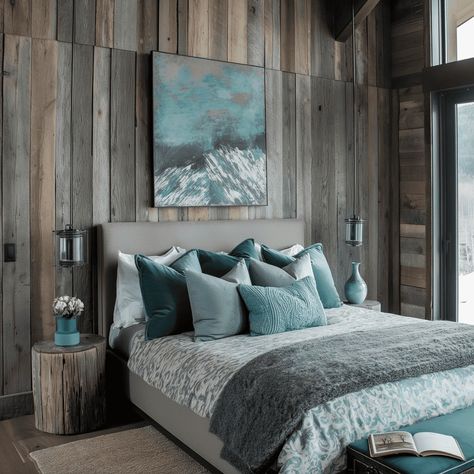 Tranquil Gray and Teal Rustic Bedroom Retreat [Room Inspiration] Gray And Mint Bedroom, Gray And Teal Bedroom Ideas, Grey And Teal Bedroom Ideas, Bedroom Decor Turquoise, Teal Gray Bedroom, Mountain House Bedroom, Rh Bedroom, Teal And Gray Bedroom, Bohemian Decorating Ideas