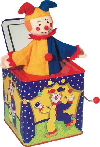 Musical jack-in-the-box toy features classic tin box, cloth jester and plays "Pop Goes The Weasel". Toddlers still squeal with delight at the classic musical Jack-in-the-Box. Jack In The Box Toy, Clown Aesthetic, Clown Jester, Pop Goes The Weasel, Clown Core, Cute Clown, Send In The Clowns, Fisher Price Toys, Clowning Around