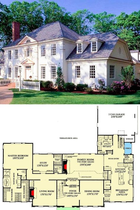 The full floor plan and blueprint home layout of a beautiful 4 bedroom, 4.5+ bathroom, 4204 sq ft 2 story traditional Colonial house plan. Southern style room interior design and colonial home decor ideas included! Featured is the simple yet beautiful exterior architectural style with a classic farmhouse look. #2story #houseplans #floorplans #blueprints #homelayout https://www.architecturaldesigns.com/house-plans/tradition-at-its-best-32503wp?cjevent=875a4ca795e411ea81ac00a20a180510 Colonial Floor Plans Traditional, 5 Bedroom Colonial House Floor Plan, Colonial House Layout Home Plans, House Plans Colonial Farmhouse, 4 Bedroom House Plans Traditional, Colonial House Interior Floor Plans, Colonial Revival Floor Plan, Back Of Colonial House, Small Colonial House Floor Plans