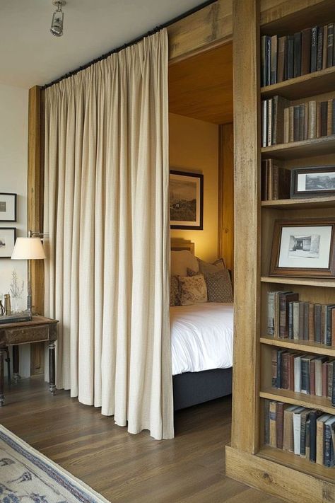 Bedroom With Curtain Divider, Bedroom Divider Curtain, Bedroom In Open Space, Separate A Room Into Two, Curtain In Room, Bookcase As A Room Divider, Small Bedroom Divider Ideas, Dividing Bedroom Into Two, Dividing Rooms Into Two Spaces