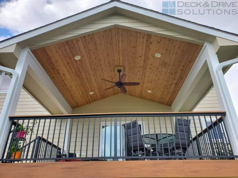 Roof over Trex – Deck and Drive Solutions - Iowa Deck Builder Roofs Over Decks, Gable Roof Porch, Deck Roof, Deck Remodel, Patio Remodel, Deck Makeover, Pool House Designs, Cedar Roof, Deck Colors