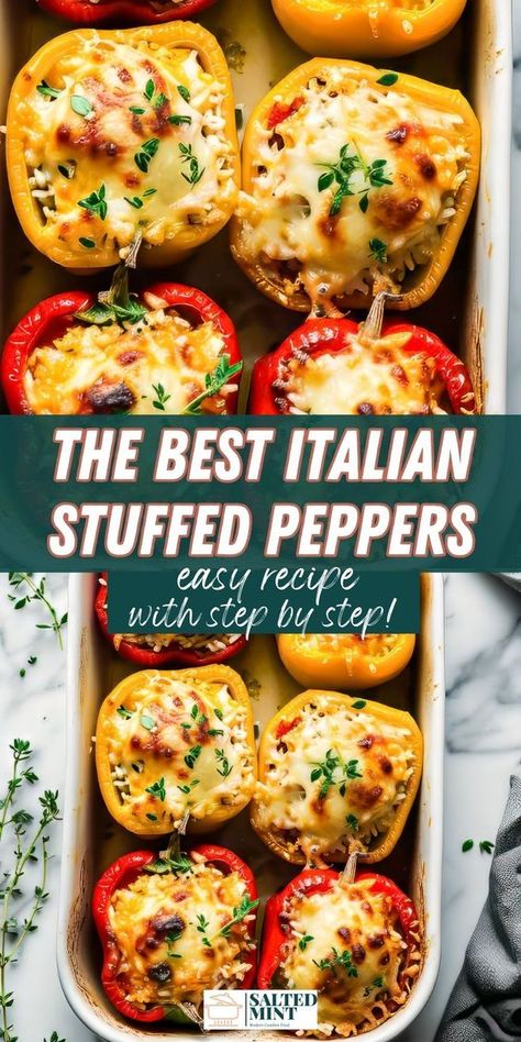 Make these Italian stuffed peppers with rice, beef or Italian sausage, and mozzarella cheese. Ideal for easy stuffed peppers and family dinner ideas using sweet bell peppers. Stuffed Pepper Dinner Ideas, Delicious Stuffed Peppers, Stuffed Bell Peppers Ground Sausage, Creamy Chicken Stuffed Bell Peppers, Stuffed Bell Peppers For 2 People, Italian Chicken Stuffed Peppers, Stuffed Bell Peppers With Tomato Soup, Stuffed Bell Peppers With Sweet Italian Sausage, Meatball Stuffed Peppers